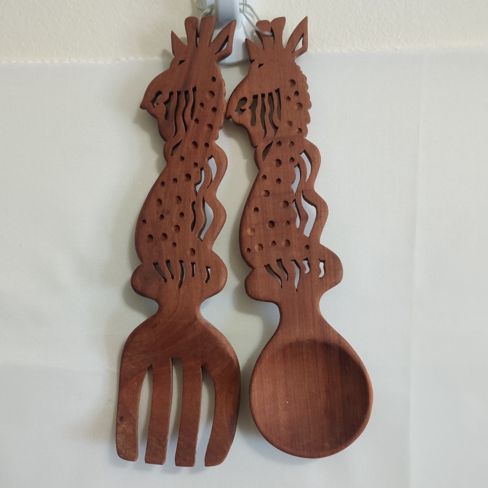 African hand carved wooden Salad utensils servers giraffe design pattern